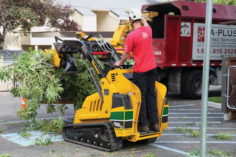 Vermeer S800TX tracked mini loader feeding chipper